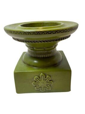 Vintage Green Ceramic Candle Holder Made In Japan With Embossed Floral Design &